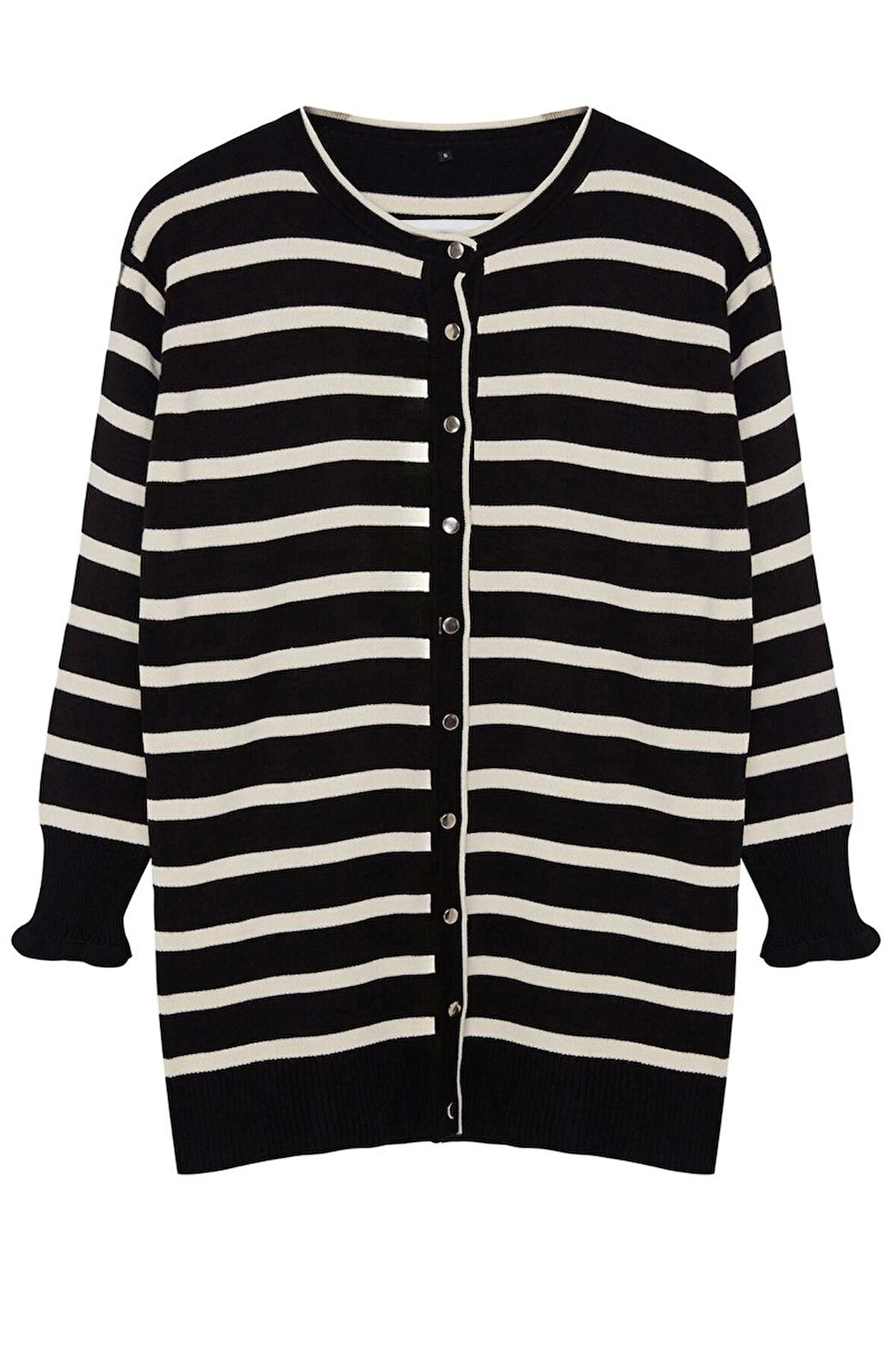 Kadın Tesettür Moda Şık Regular Bisiklet Yaka Uzun Kol Çizgili Taş Triko Hırka