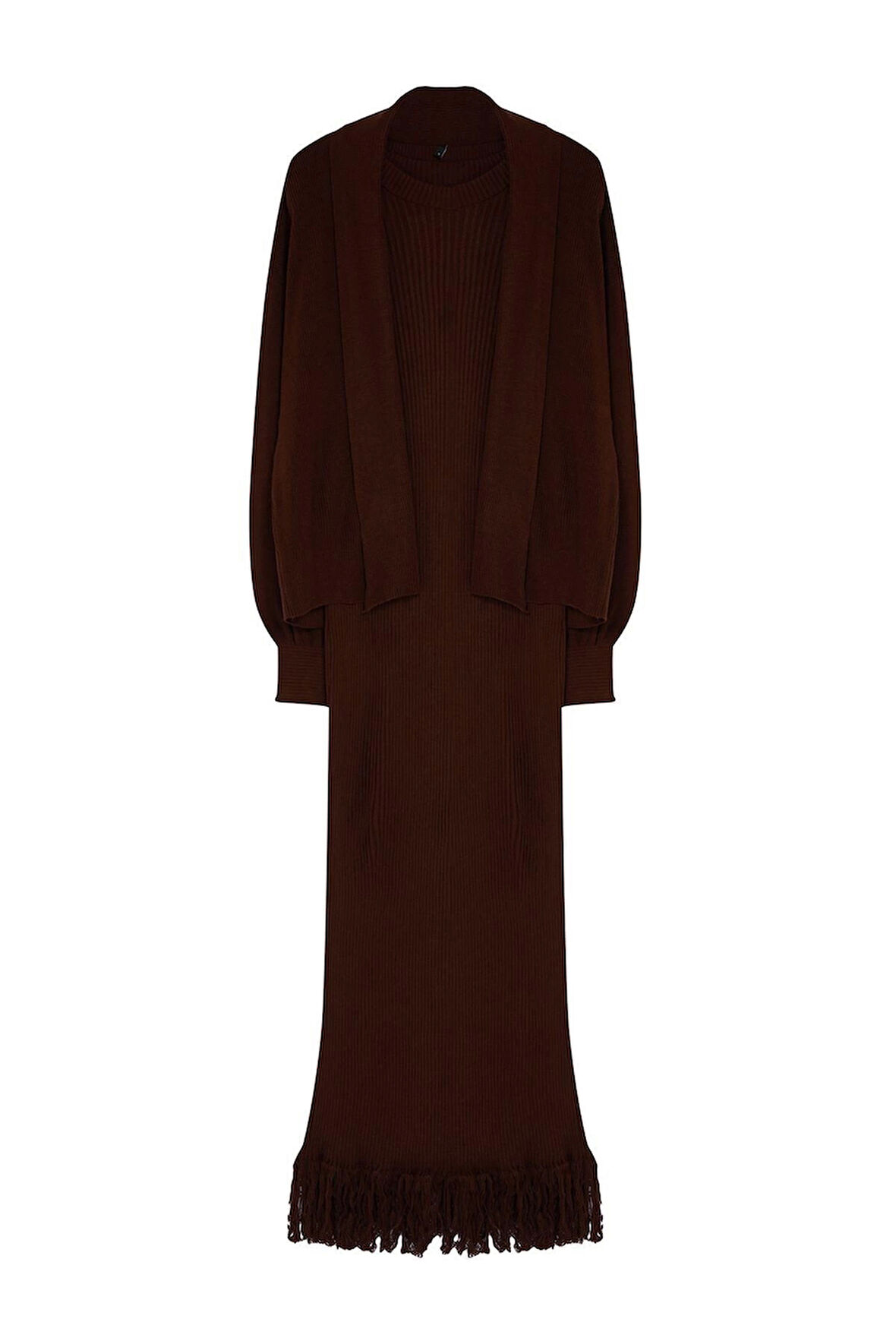 Kadın Moda Şık Regular Uzun Boy Uzun Kollu Püskül Detaylı Triko Hırka Elbise Alt-Üst Takım