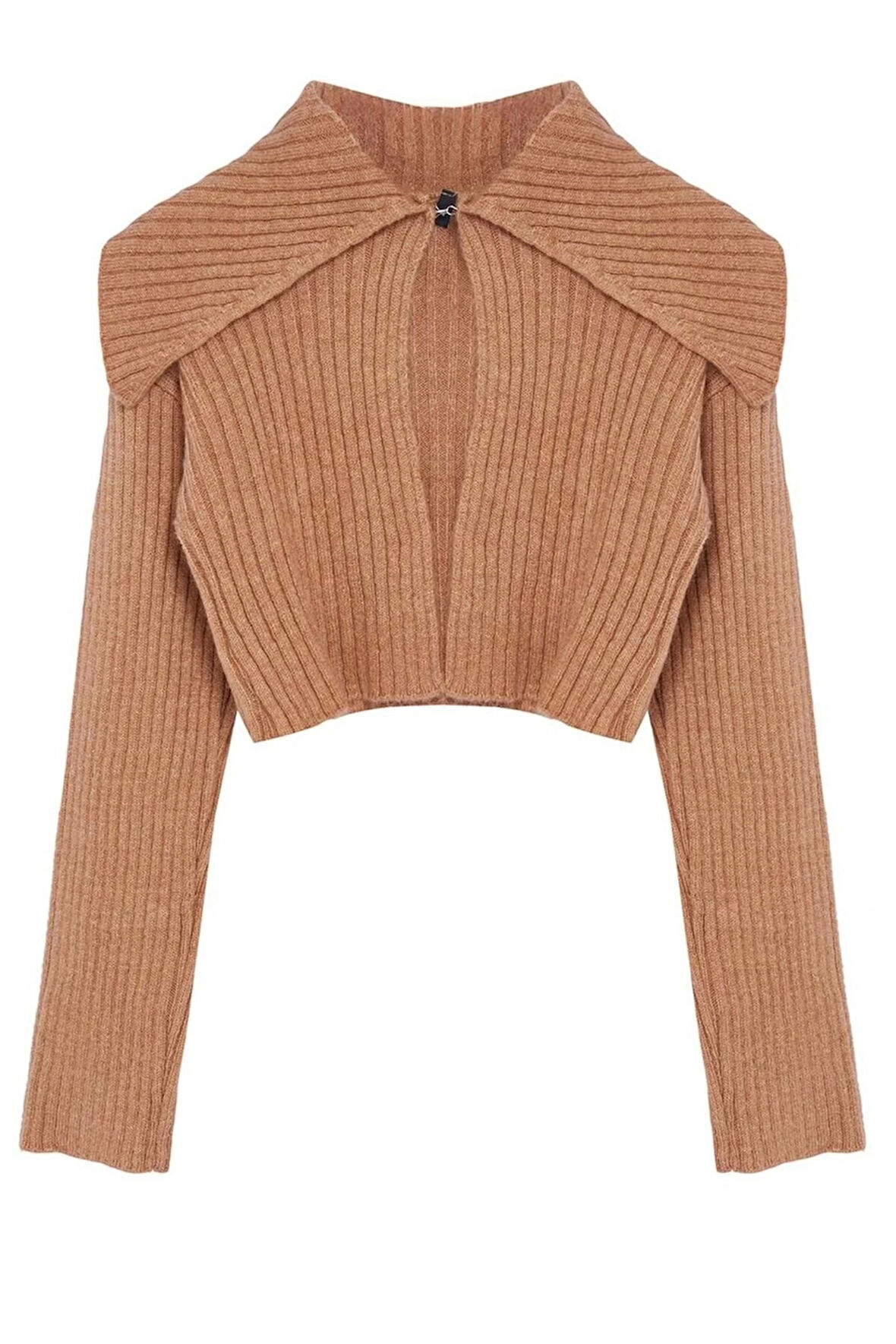Kadın Moda Şık Crop Devrik Yaka Regular Süper Crop Yumuşak Dokulu Triko Hırka