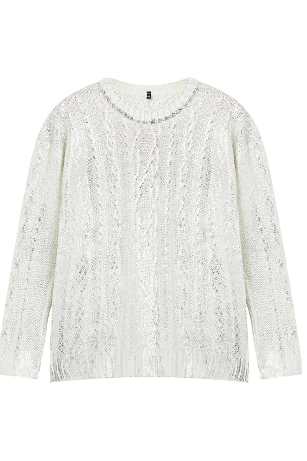 Kadın Büyük Beden Moda Şık Crop Bisiklet Yaka Uzun Kol Saç Örgü Varaklı lü Crop Triko Kazak