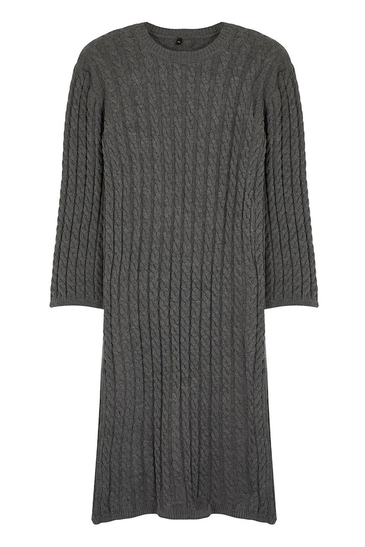 Yeni Rahat Casual Günlük Çift Plaka Triko Bisiklet Yaka Uzun Kol Shift Midi Boy Büyük Beden Elbise