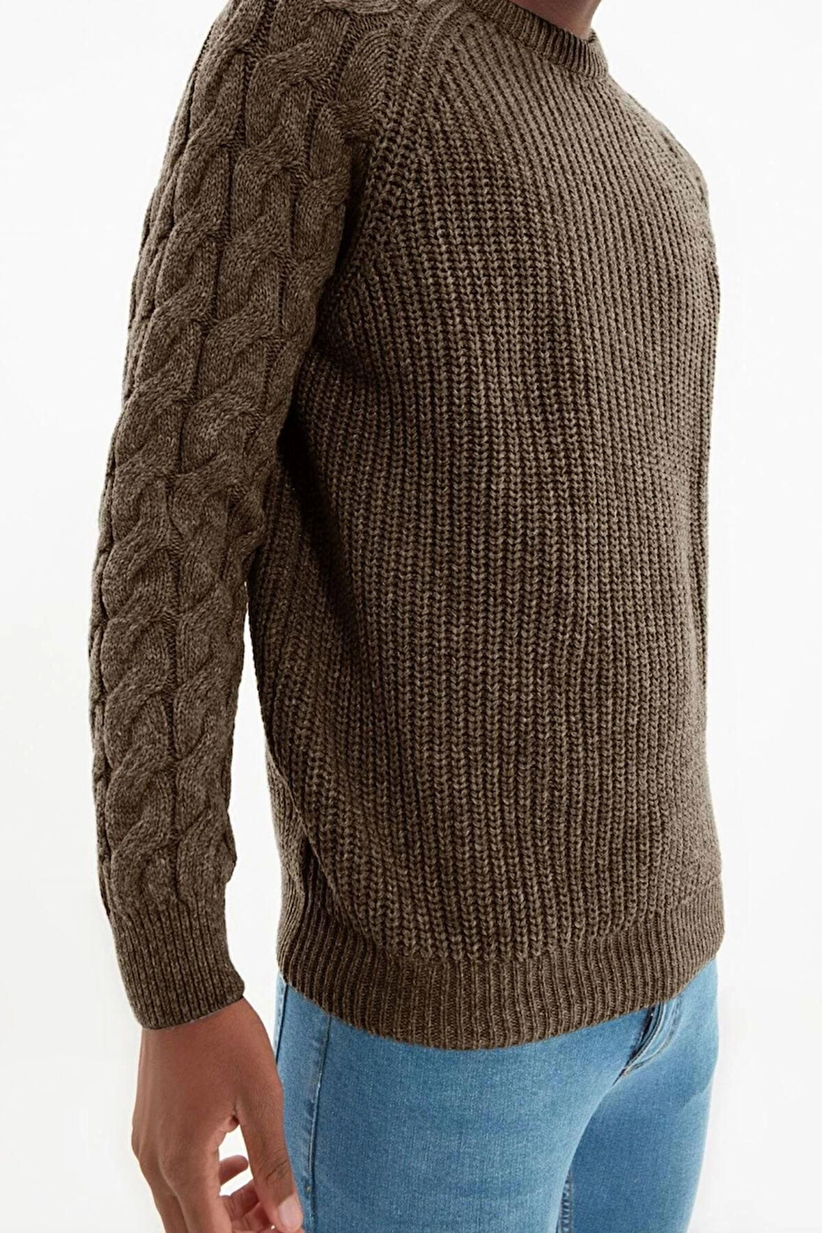 Erkek Moda Şık Regular Bisiklet Yaka Uzun Kol Saç Örgü Unisex Triko Kazak