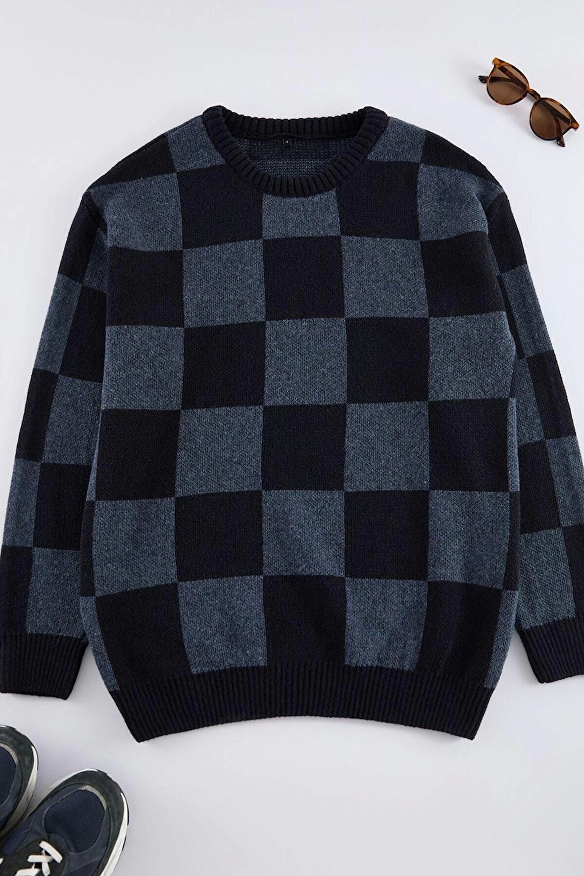 Erkek Regular Bisiklet Yaka Uzun Kol Ekose / Kareli Unisex Oversize Geniş Kalıp Kareli Triko Kazak