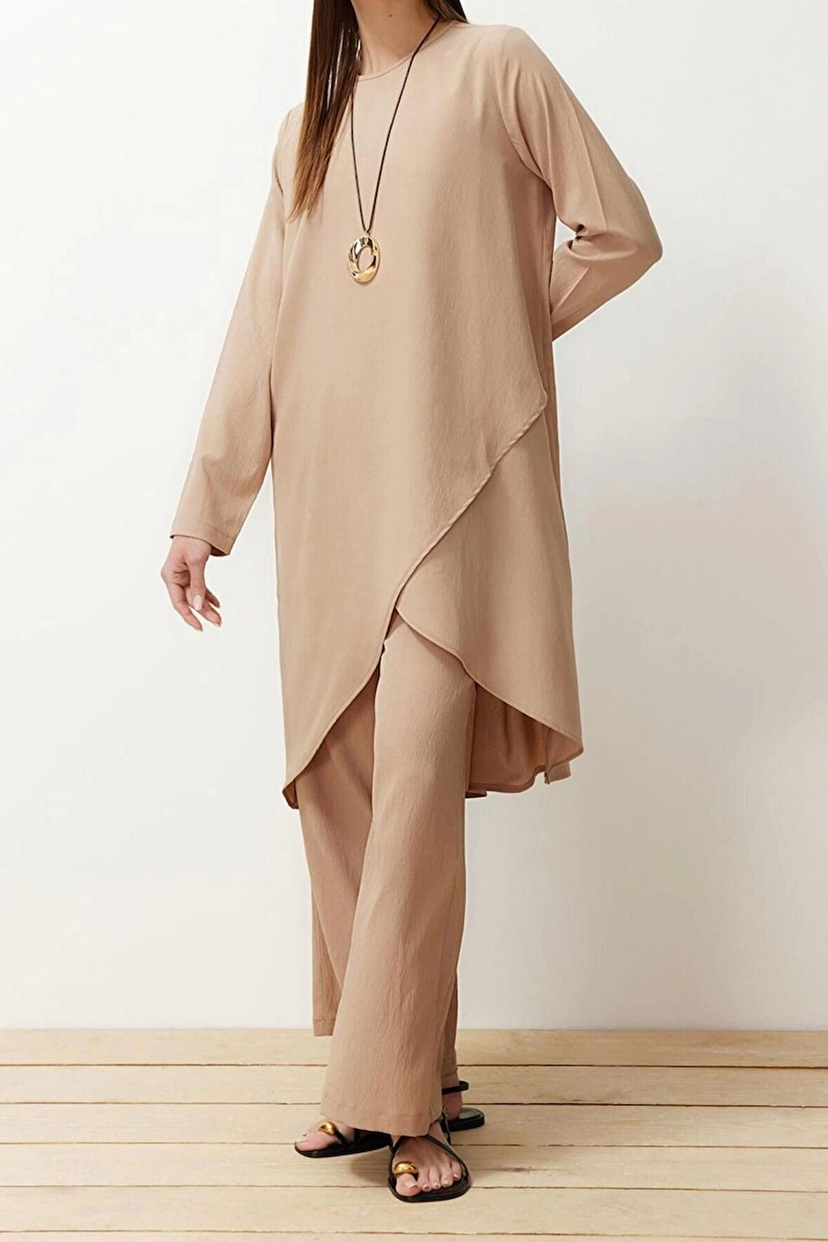 Kadın Moda Şık Boru Paça Uzun Boy Uzun Kollu Asimetrik Dokuma Tunik Pantolon Alt-Üst Takım