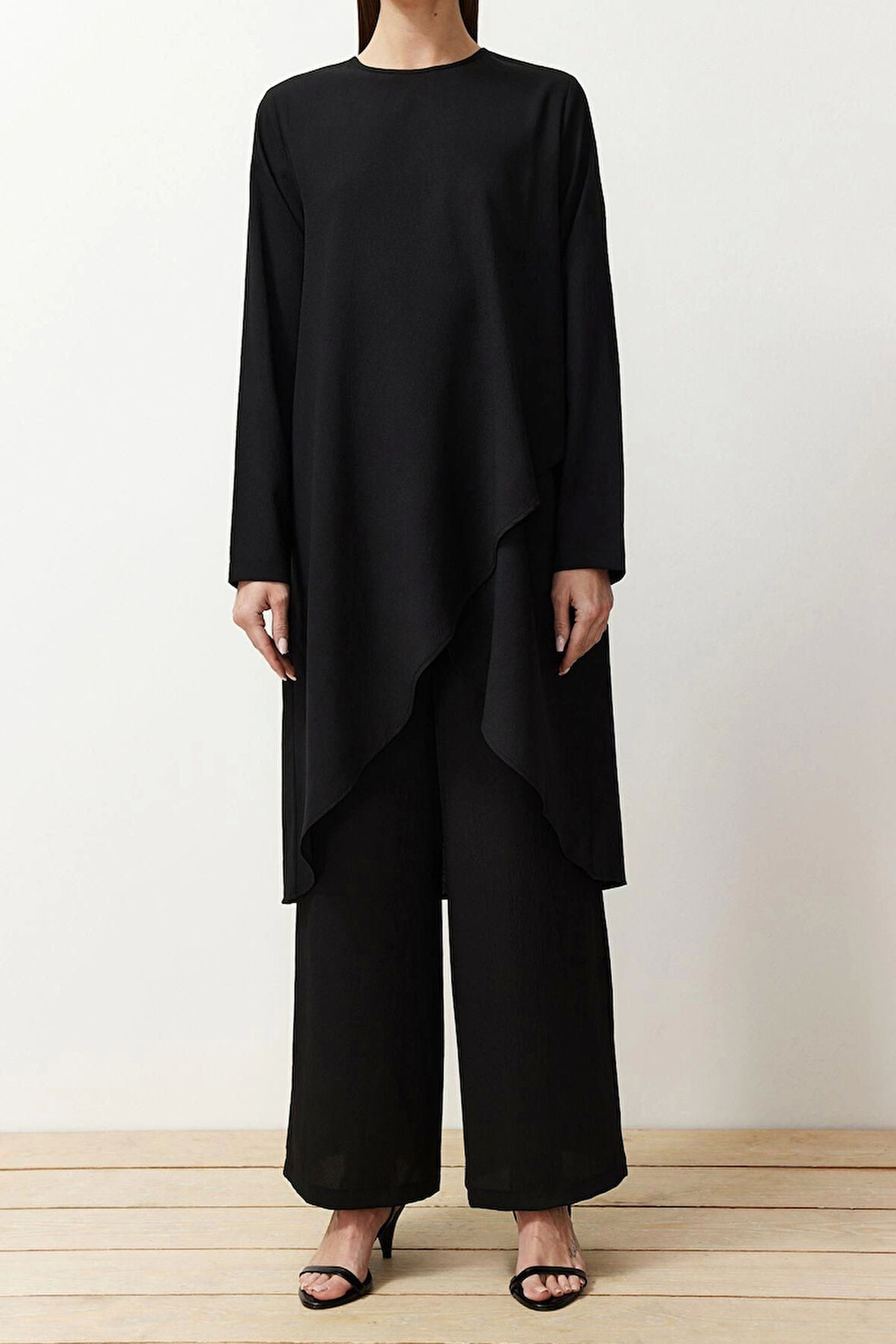 Kadın Moda Şık Boru Paça Uzun Boy Uzun Kollu Asimetrik Dokuma Tunik Pantolon Alt-Üst Takım