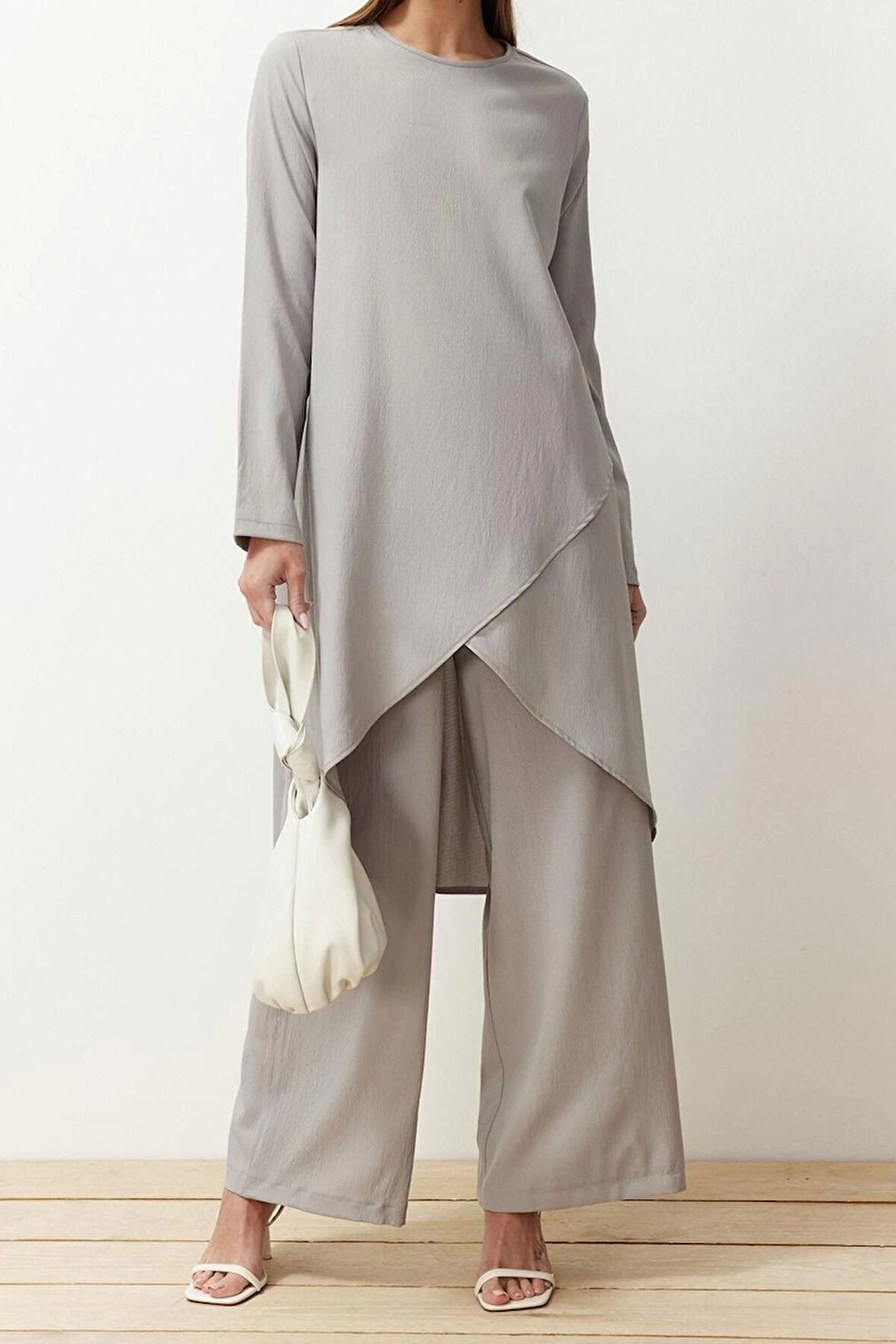 Kadın Moda Şık Boru Paça Uzun Boy Uzun Kollu Asimetrik Dokuma Tunik Pantolon Alt-Üst Takım