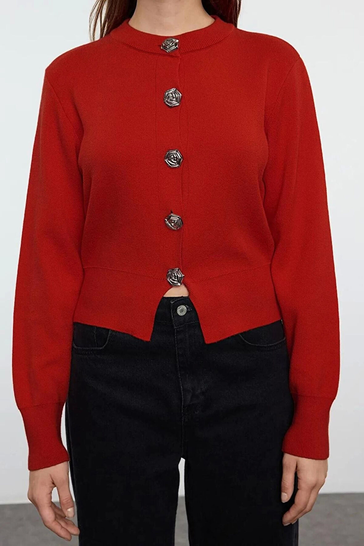 Kadın Moda Şık Bisiklet Yaka Standart Kol Crop Özel İplik Gül Düğme Ceket Görünümlü Triko Hırka