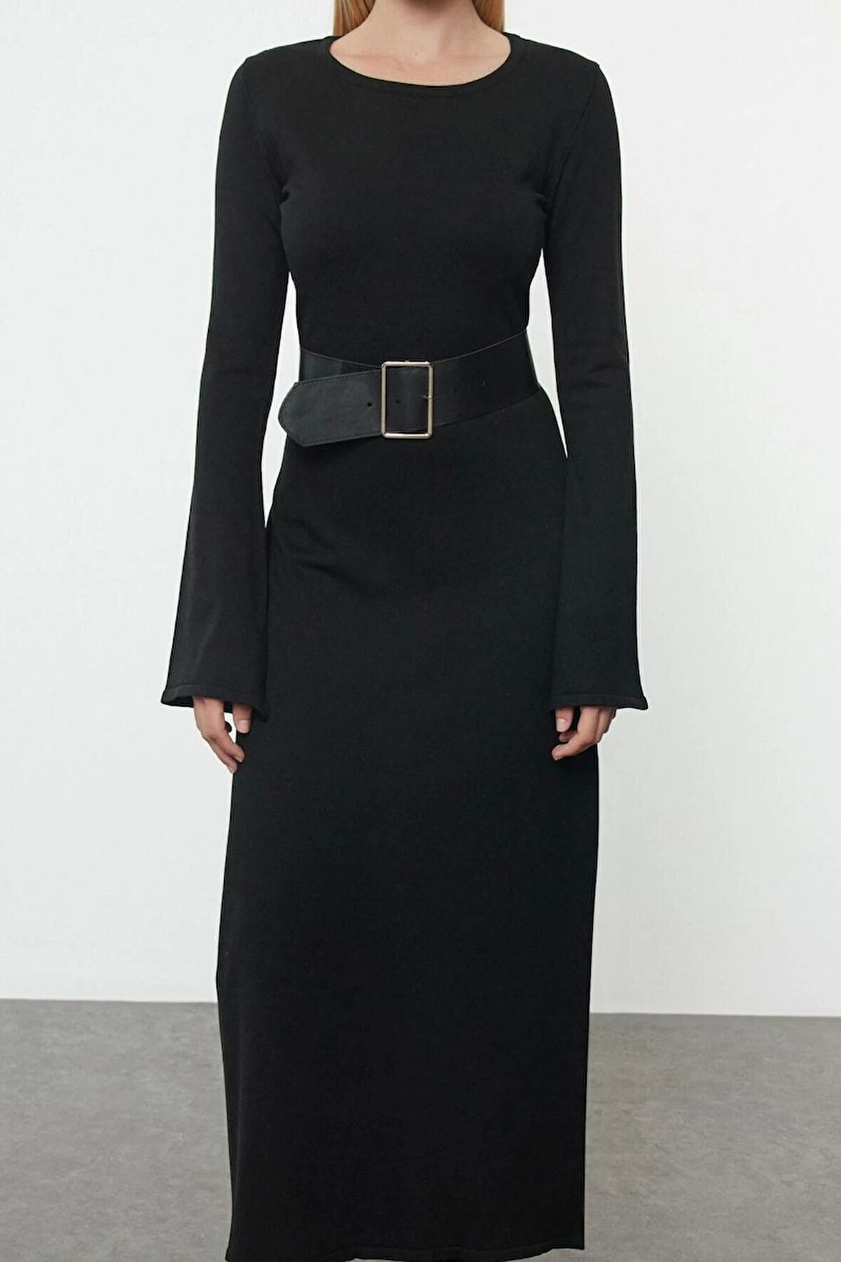 Kadın Moda Şık Maxi Boy Bisiklet Yaka Regular Triko Kemerli Elbise