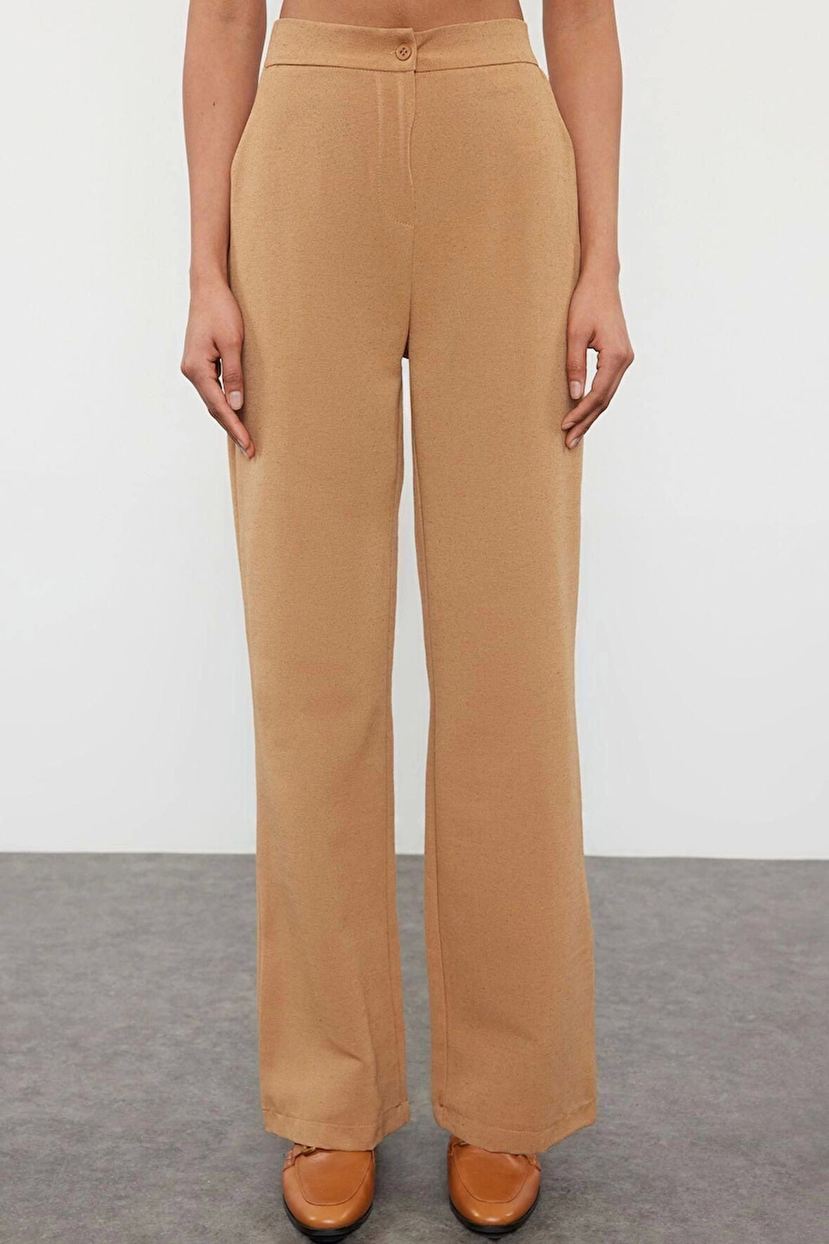 Kadın Yeni Moda Geniş Paça Regular Boy Dokuma Keten Görünümlü Düz Kesim Pantolon