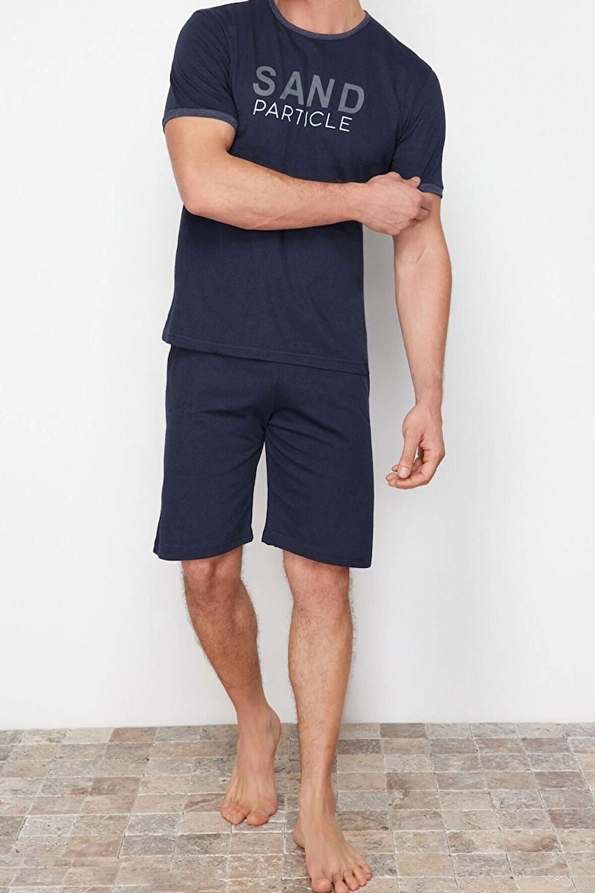 Erkek Pamuk Polyester Düğmeli Yaka Kısa Kol Bisiklet Yaka Regular Fit Örme Şortlu Pijama Takımı