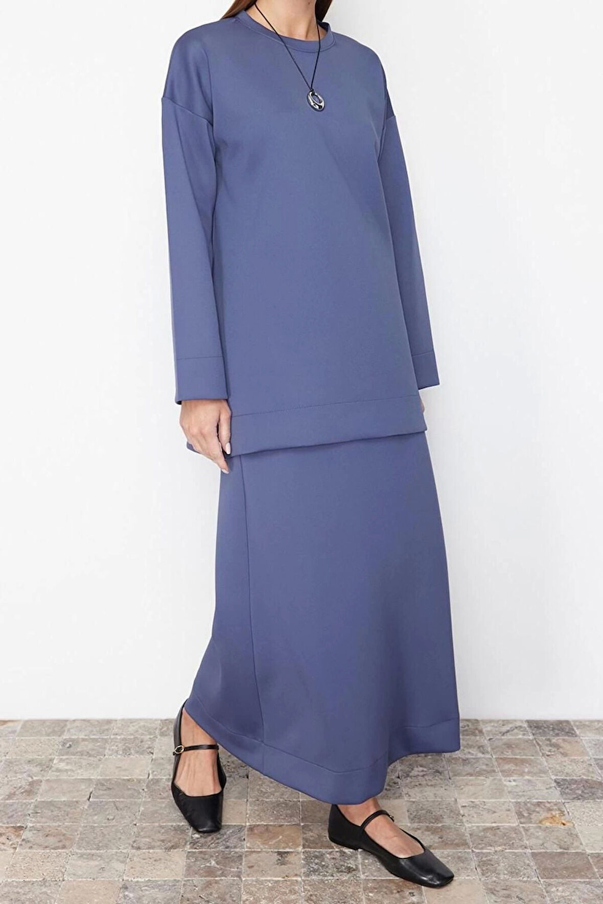 Kadın Moda Şık Regular Uzun Boy Uzun Kollu Oversize Örme Dalgıç Scuba Tunik-Etek Takım
