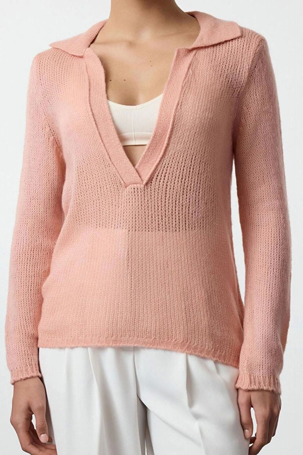 Kadın Moda Şık Polo Yaka Standart Kol Regular Yumuşak Dokulu Gevşek Örgü Triko Kazak