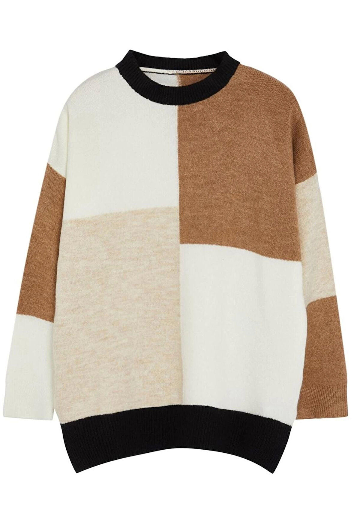 Kadın Büyük Beden Moda Şık Regular Bisiklet Yaka Uzun Kol Renk Bloklu Bloklu Triko Kazak