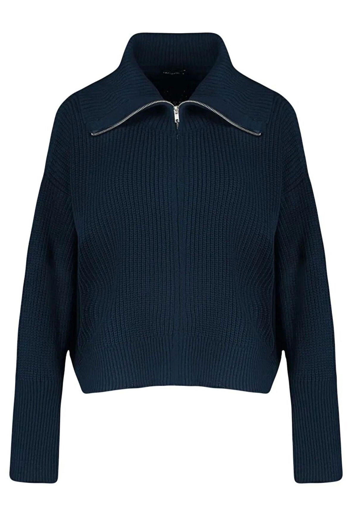 Kadın Büyük Beden Moda Şık Regular Devrik Yaka Uzun Kol Düz Devrik Yaka Fermuarlı Crop Triko Hırka