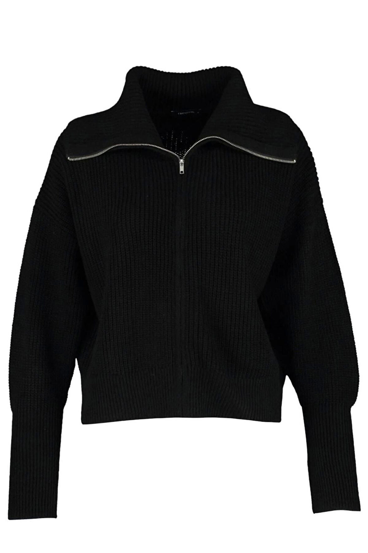 Kadın Büyük Beden Moda Şık Regular Devrik Yaka Uzun Kol Düz Devrik Yaka Fermuarlı Crop Triko Hırka