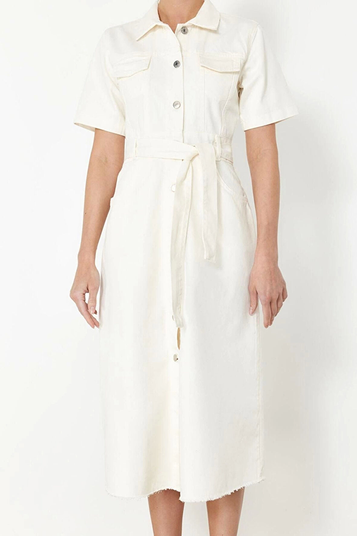 Kadın Moda Şık Maxi Boy Gömlek Yaka Denim Kemerli Elbise