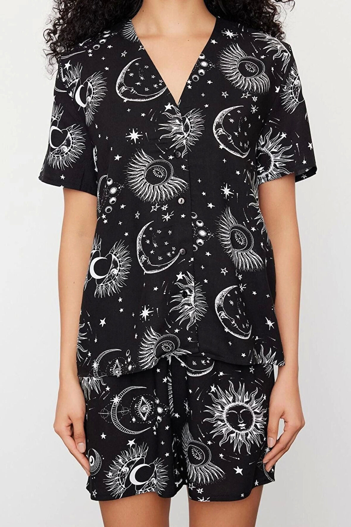 Kadın Viskon V Yaka Kısa Kol Kadın Couple Çift Galaksi Desenli Viskon Dokuma Pijama Takımı