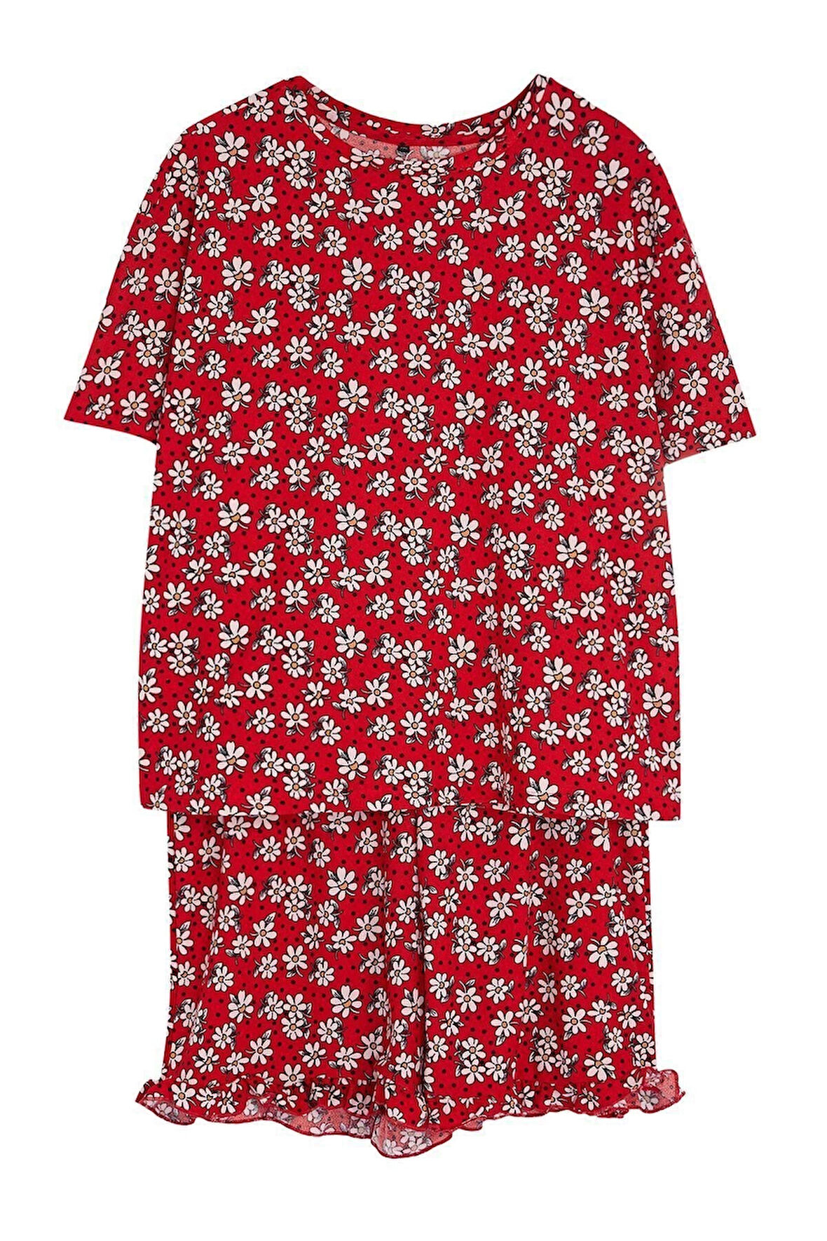 Büyük Beden Kadın Polyester Bisiklet Yaka Kısa Kol Çiçek Desenli Örme Pijama Takımı