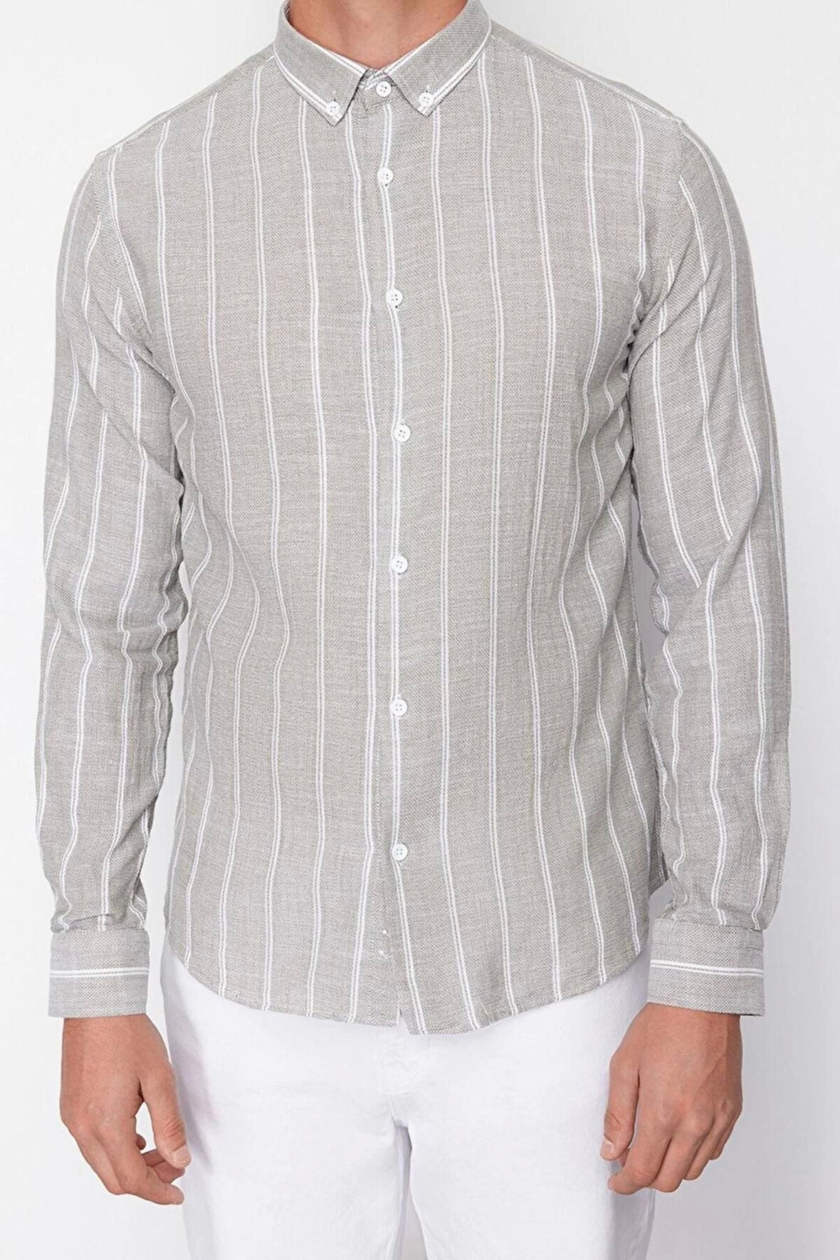 Erkek Moda Uzun Kol Dokuma Açık Haki Slim Fit Çizgili Gömlek