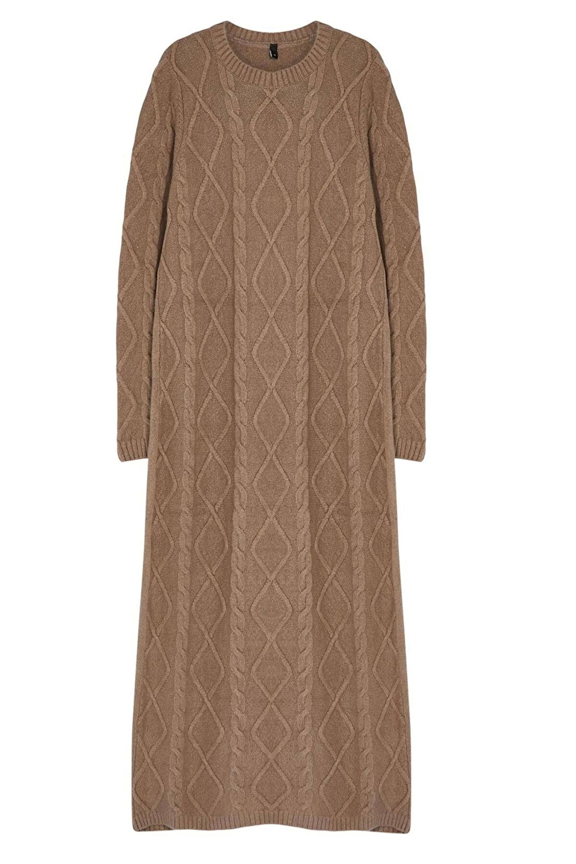 Kadın Moda Şık Tesettür Maxi Boy Bisiklet Yaka Regular Saç Örgü Desenli Yumuşak Dokulu Triko Elbise