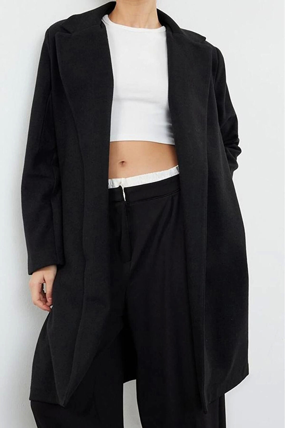 Kadın Moda Şık Regular Ceket Yaka Midi Düz Astarlı Kapamasız Yumuşak Dokulu Astarsız Örme Kaşe Kaban