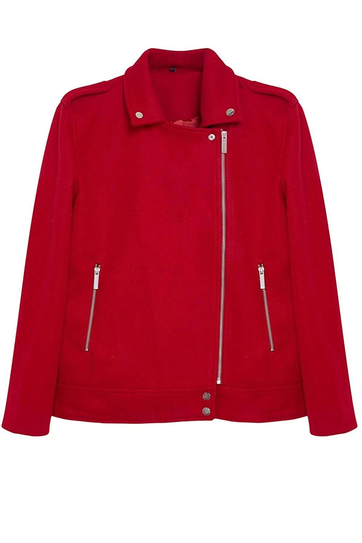 Kadın Moda Şık Regular Ceket Yaka Standart Düz Astarlı Regular Örme Kaşe Biker İnce Ceket Mont