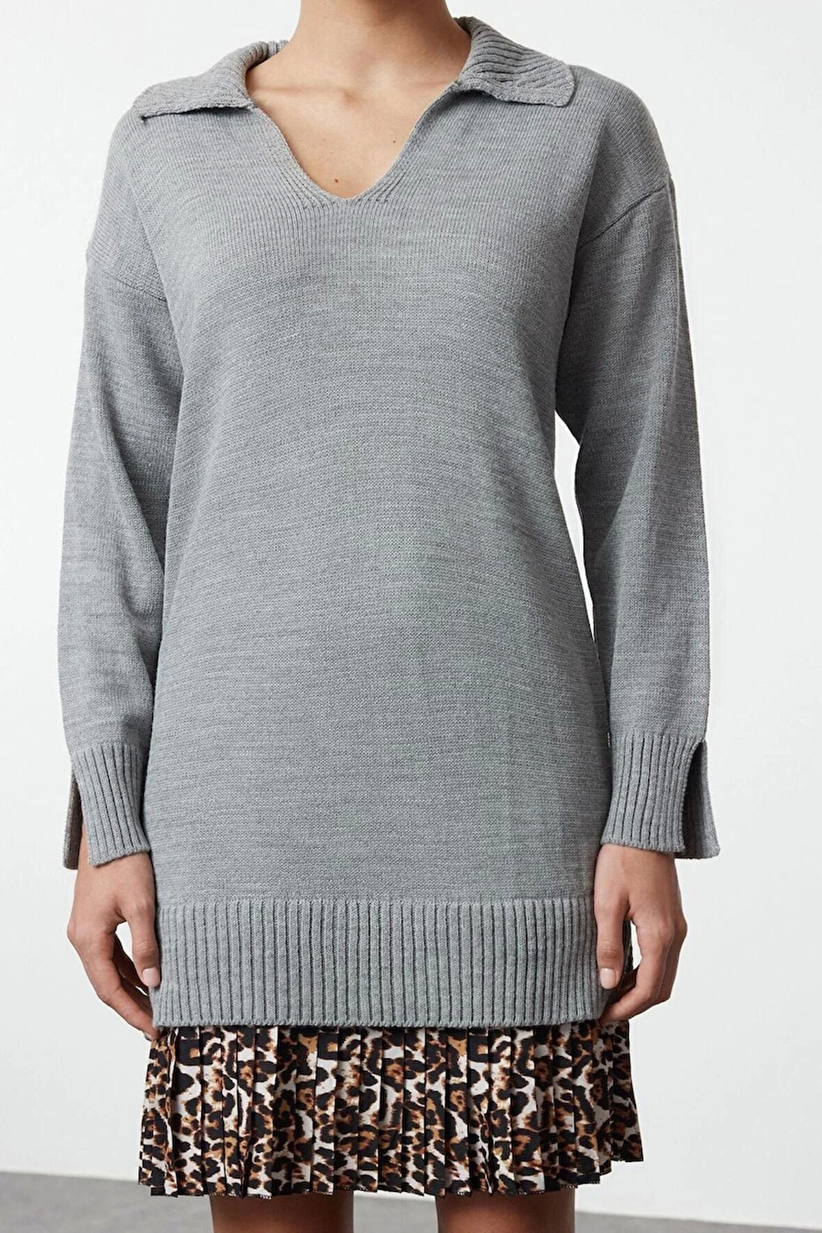 Kadın Moda Şık Mini Boy Polo Yaka Regular Triko Garnili Elbise