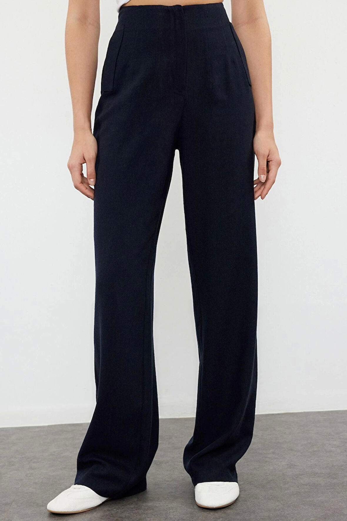 Kadın Yeni Moda Geniş Paça Regular Boy Dokuma Keten Görünümlüwide Leg Geniş Paça Yüksek Bel Pantolon