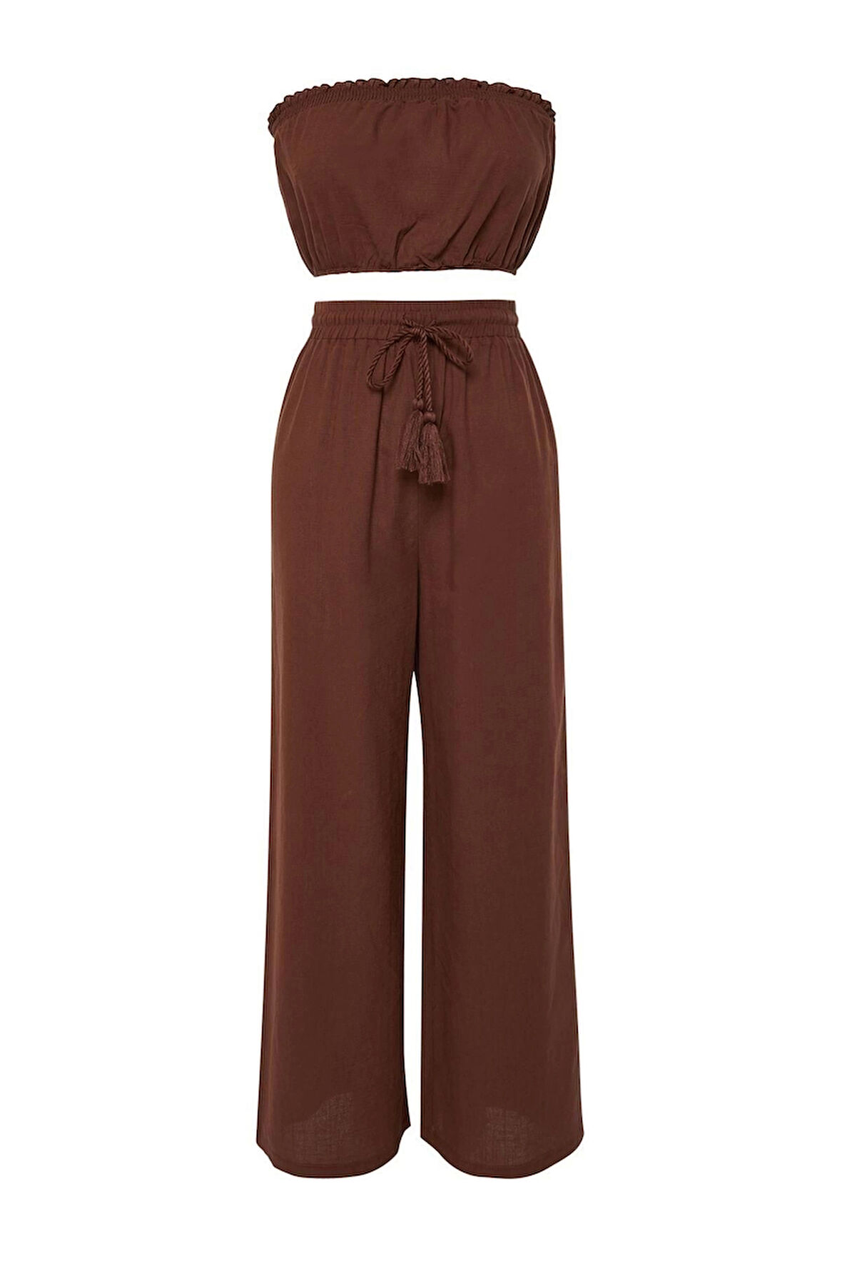 Kadın Moda Şık Regular Kısa Boy Uzun Kollu Kahverengİ Dokuma %100 Pamuklu Bluz Pantolon Takım