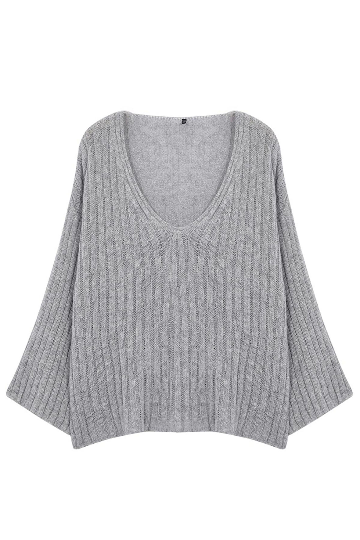 Kadın Büyük Beden Moda Şık Regular V Yaka Uzun Kol Düz Fitilli Triko Kazak
