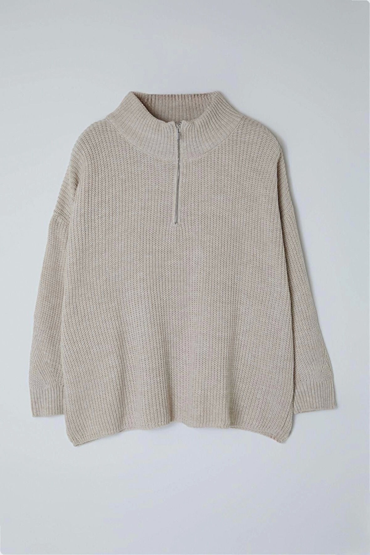 Kadın Moda Şık Büyük Beden Dik Yaka Düşük Kol Regular Fermuarlı Yaka Triko Kazak