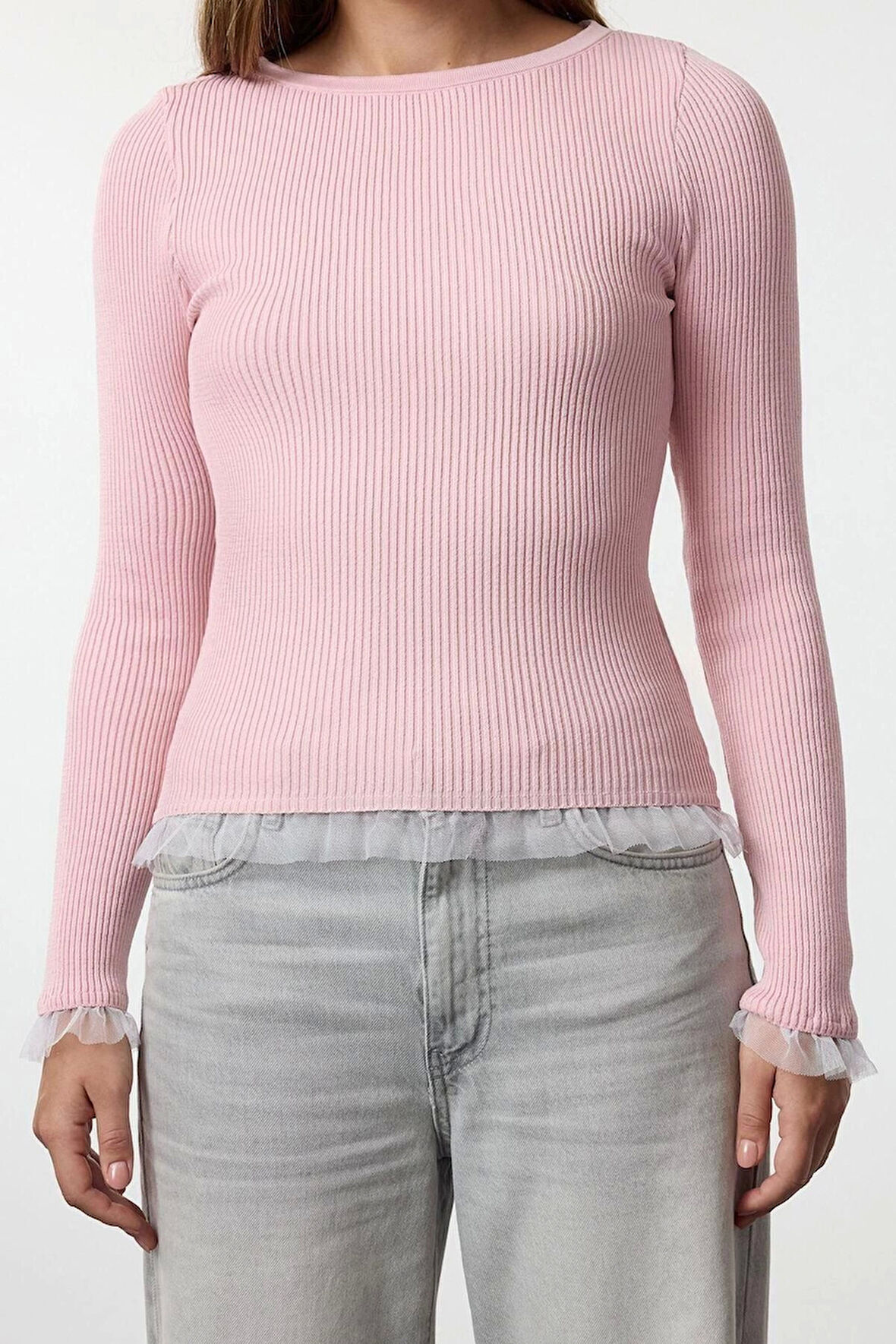 Kadın Moda Şık Kayık Yaka Standart Kol Regular Tül Detaylı İnce Triko Kazak