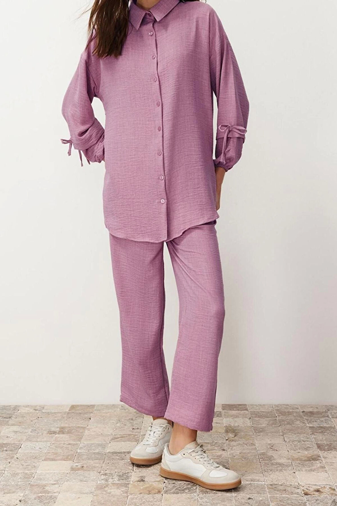 Kadın Moda Şık Regular Boy Uzun Kollu Keten Görünümlü Dokuma Alt-Üst Takım
