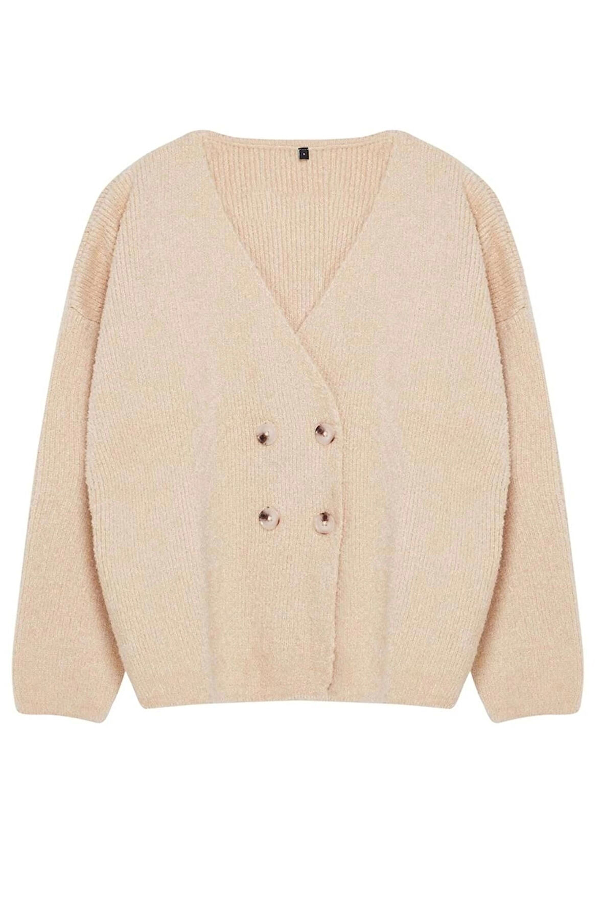 Kadın Moda Şık Midi Kruvaze Regular Yumuşak Dokulu Kruvaze Triko Hırka