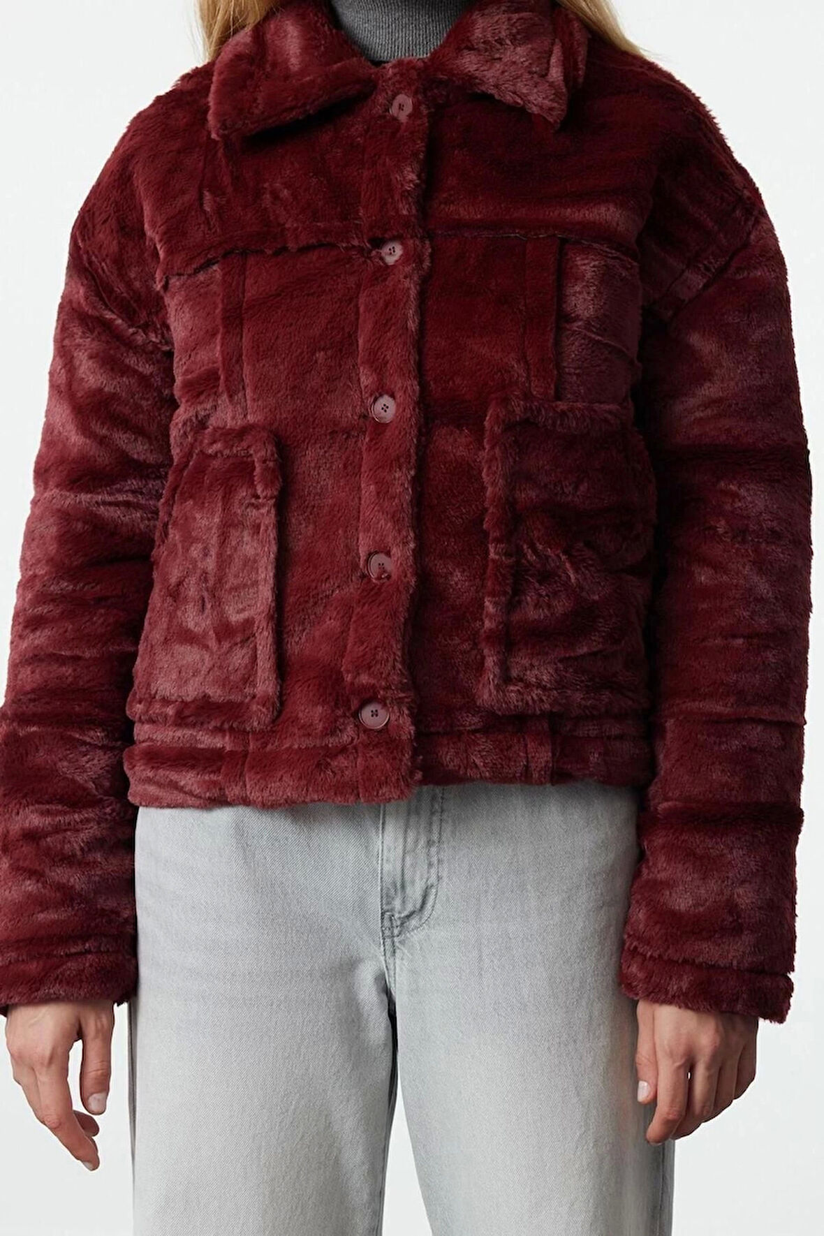 Kadın Moda Şık Bol Dik Yaka Standart Düz Astarlı Oversize İçi Kapitone Detaylı Peluş Mont