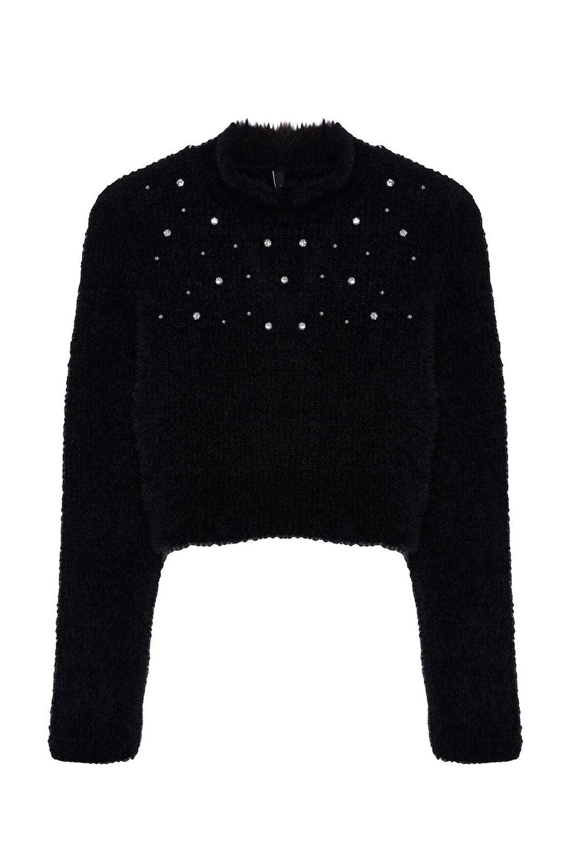 Kadın Moda Şık Dik Yaka Standart Kol Crop Yumuşak Dokulu Boncuk Detaylı Triko Kazak