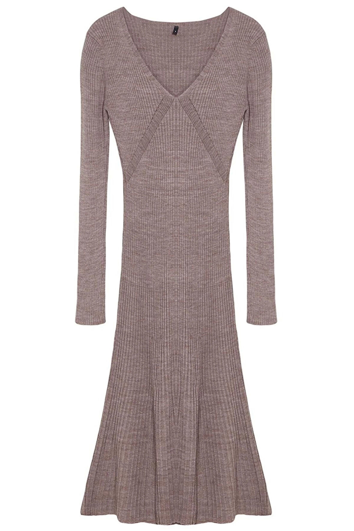 Kadın Moda Şık Midi Boy V Yaka Regular Triko Etek Ucu Fırfırlı Elbise