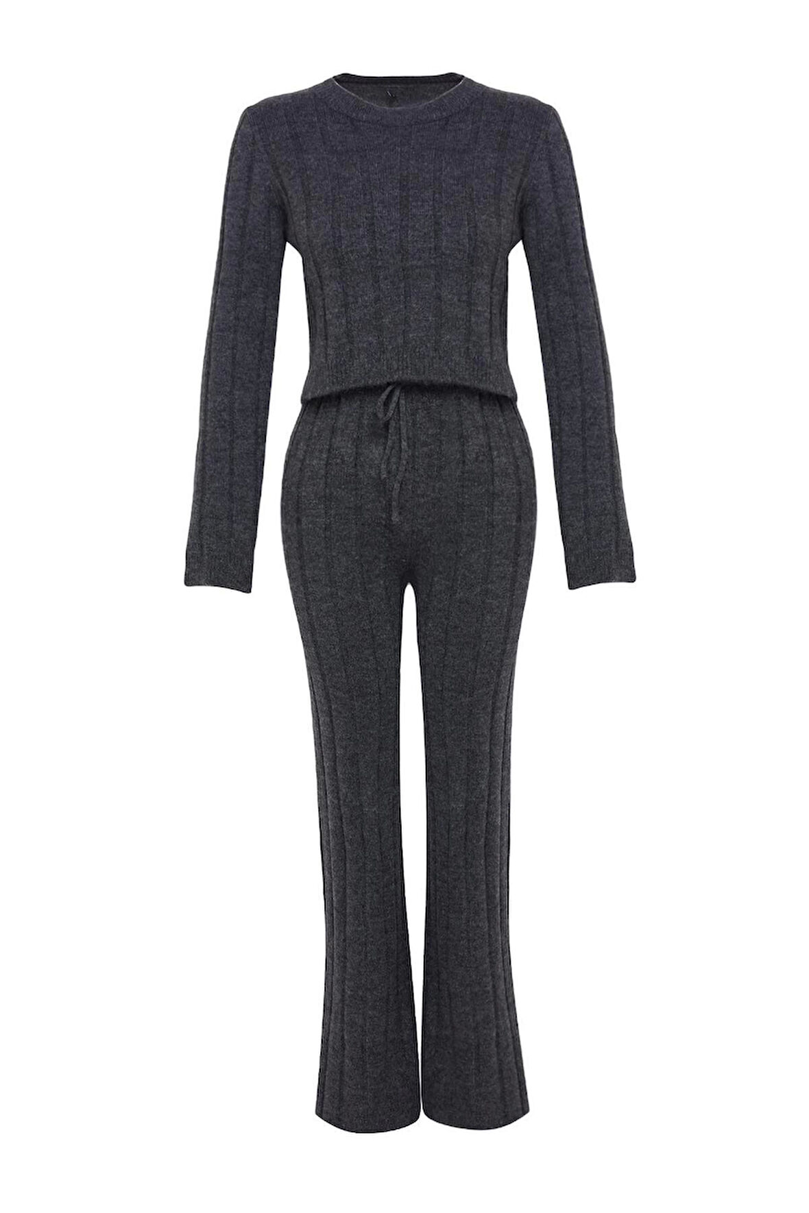 Kadın Moda Şık Regular Boy Uzun Kollu Crop Kazak-Pantolon Triko Alt-Üst Takım