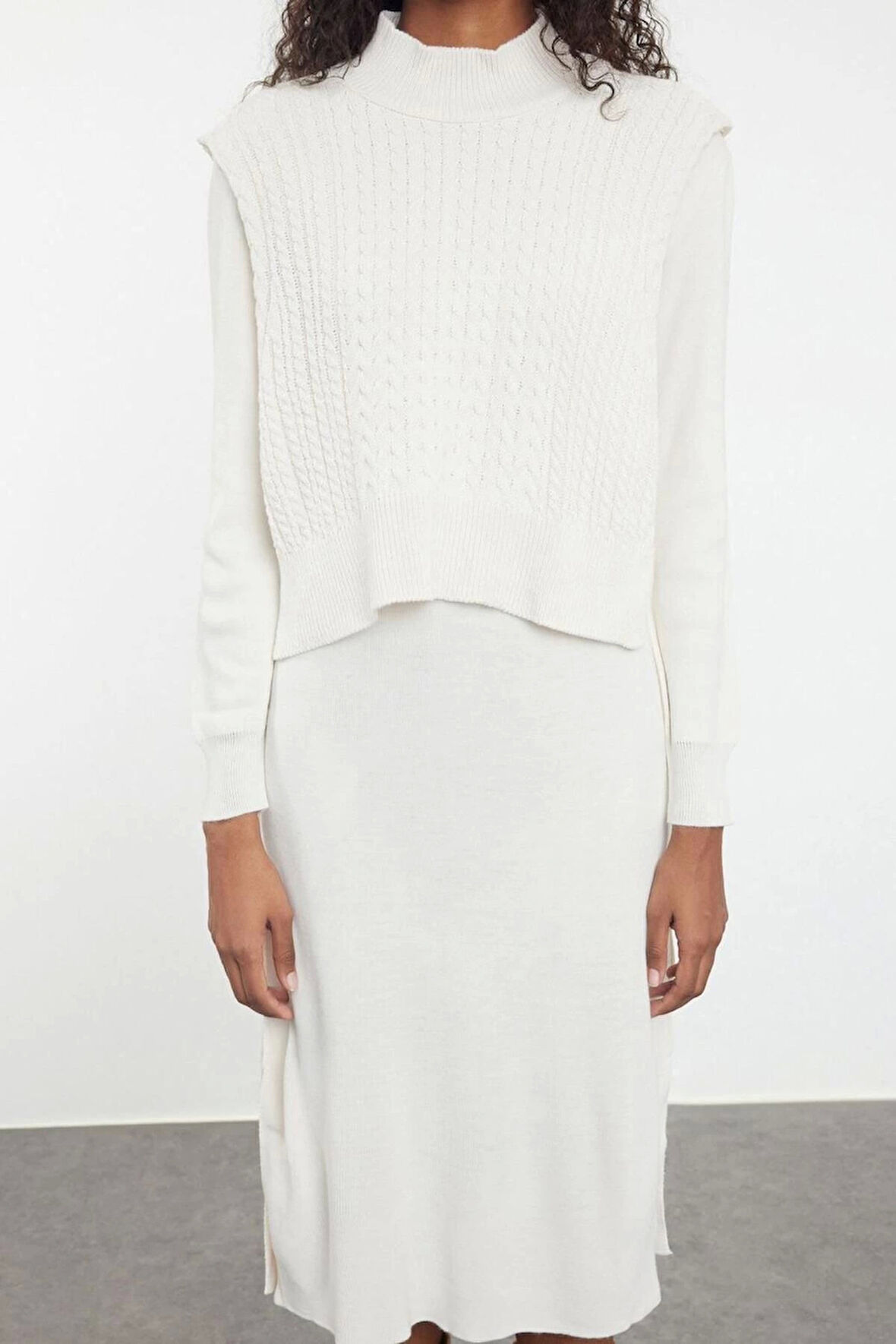 Kadın Moda Şık Midi Boy Dik Yaka Regular Triko Kazak-Elbise Takım