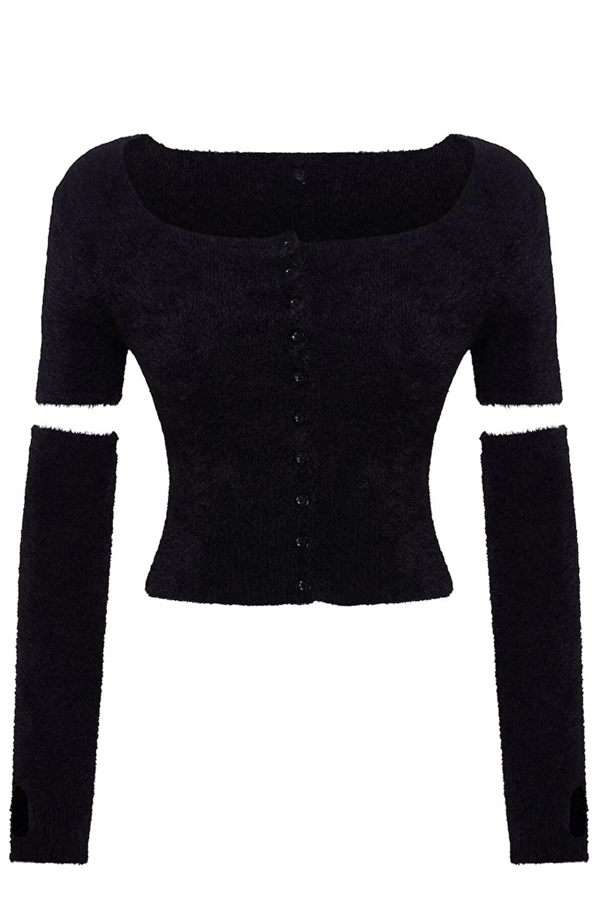 Kadın Moda Şık Crop Kare Yaka Slim Crop Tüylü Triko Hırka
