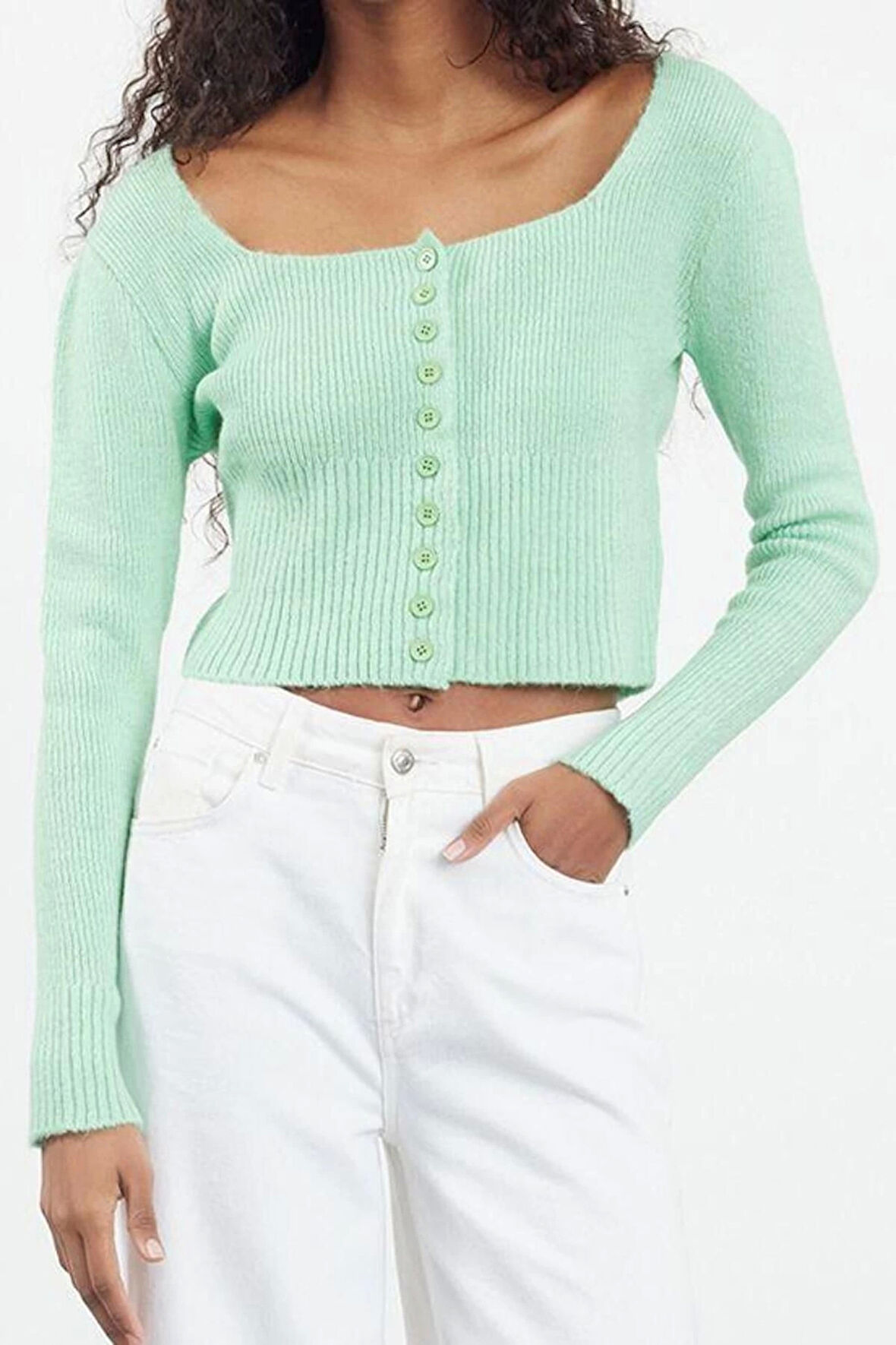 Kadın Moda Şık Crop Kare Yaka Regular Crop Kare Yaka Triko Hırka