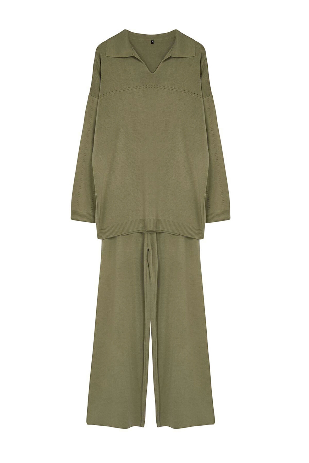 Kadın Moda Şık Regular Midi Boy Uzun Kollu Polo Yaka Triko Kazak Pantolon Alt-Üst Takım