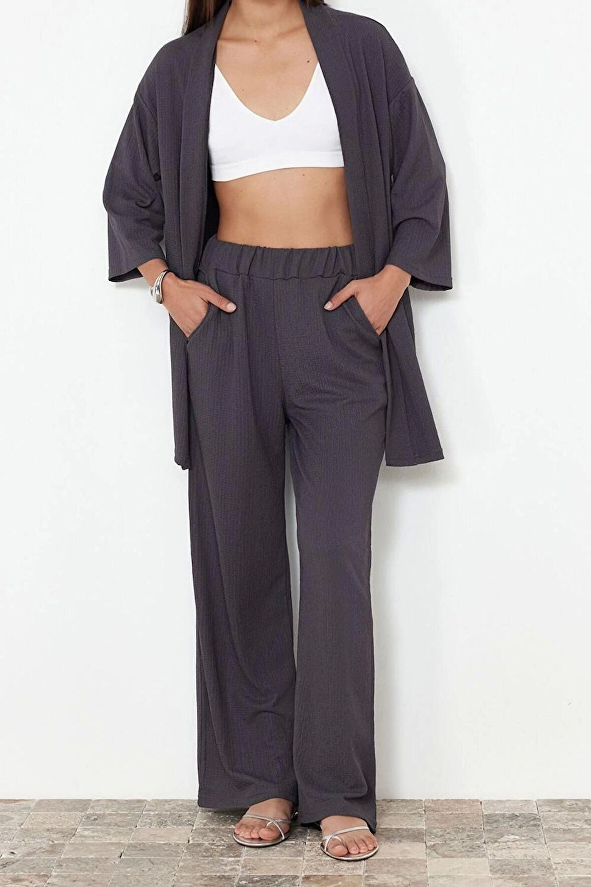 Kadın Moda Şık Geniş Paça Uzun Boy Uzun Kollu Relaxed Rahat Kesim Örme Kimona Pantolon Alt-Üst Takım