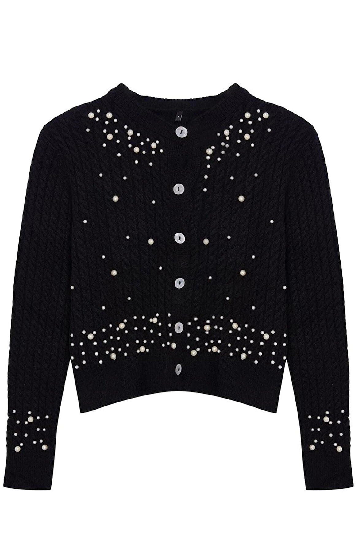 Kadın Moda Şık Crop Bisiklet Yaka Slim Crop Yumuşak Dokulu İnci Detaylı Ceket Görünümlü Triko Hırka