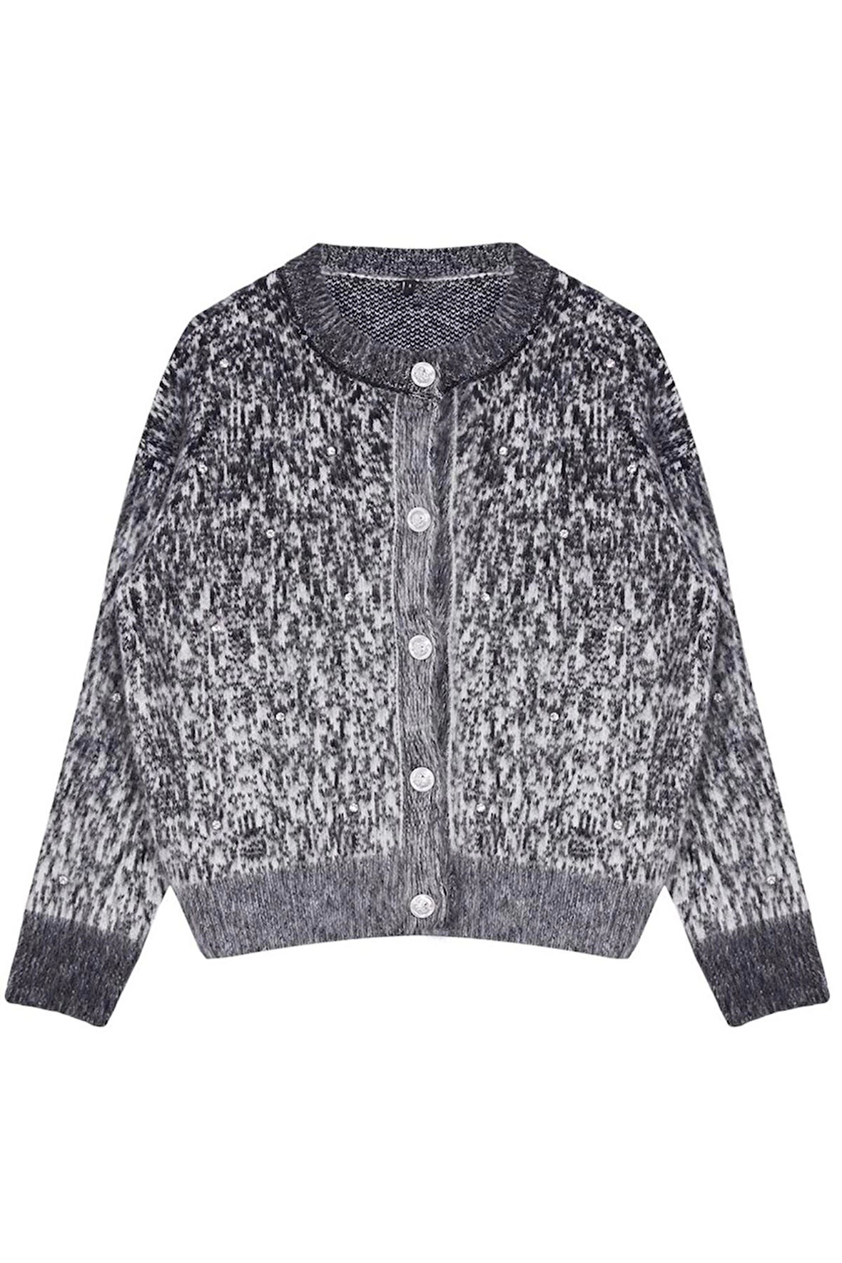 Kadın Moda Şık Regular Bisiklet Yaka Regular Yumuşak Dokulu Desenli Triko Hırka