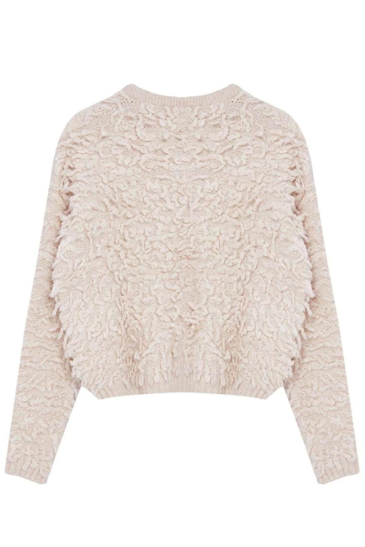 Kadın Moda Şık Regular Bisiklet Yaka Regular Püsküllü Mont Triko Hırka