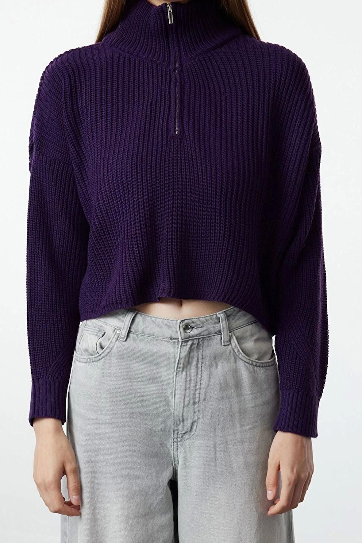 Kadın Moda Şık Dik Yaka Standart Kol Crop Süper Fermuarlı Triko Kazak