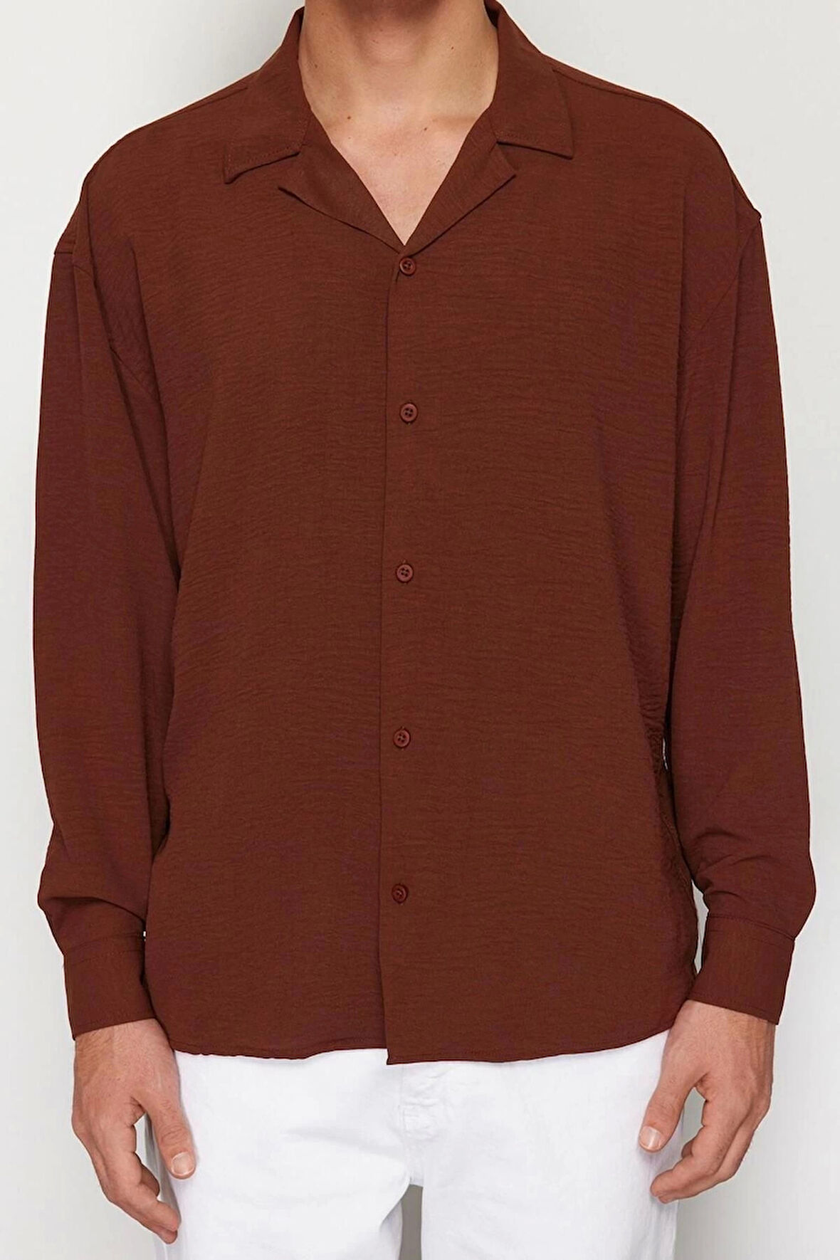 Moda Apaş Yaka Düz Uzun Kol Oversize Fit Apaş Yaka Yazlık Keten Görünümlü Gömlek