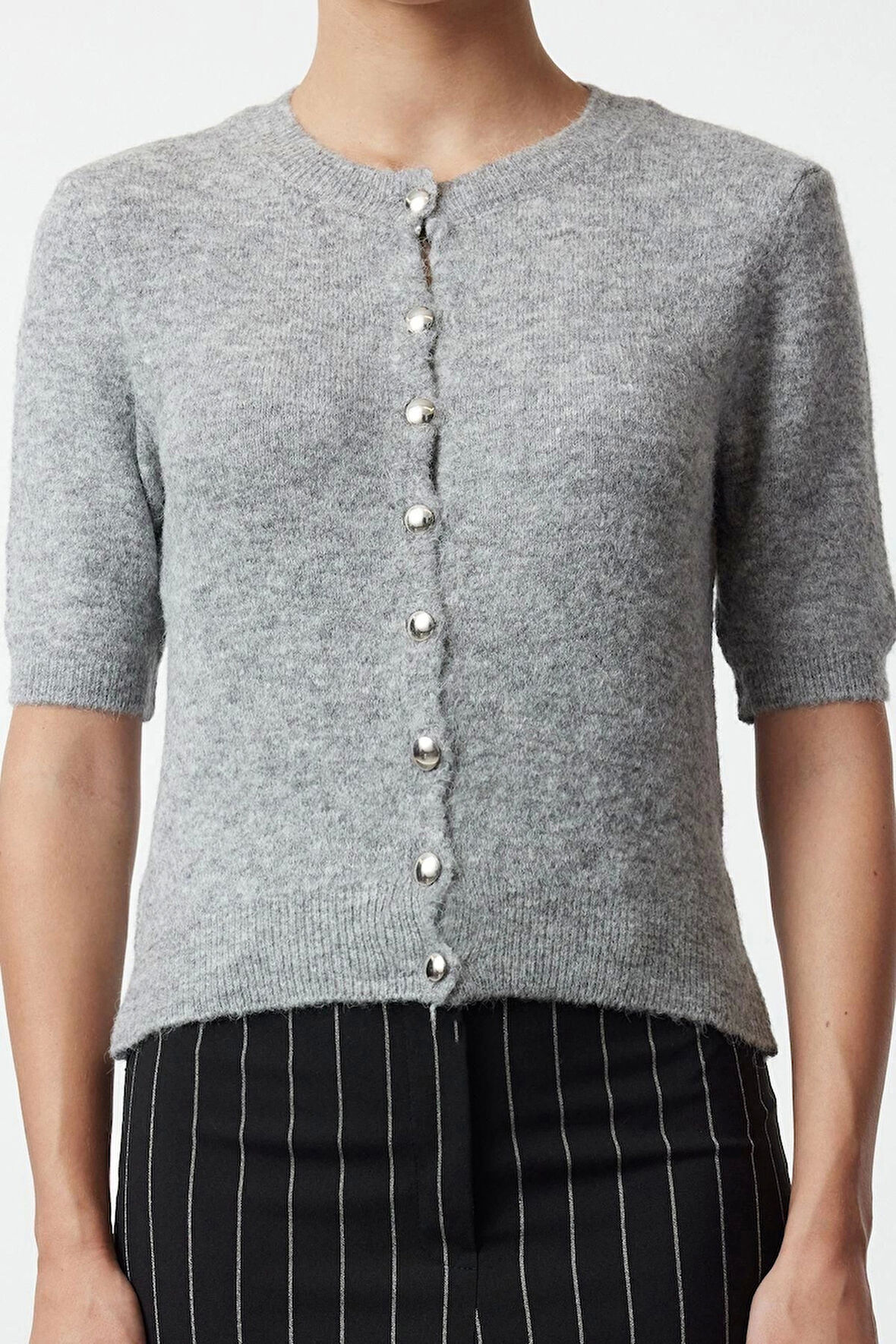 Kadın Moda Şık Crop Bisiklet Yaka Regular Crop Pamuklu Yünlü Triko Hırka