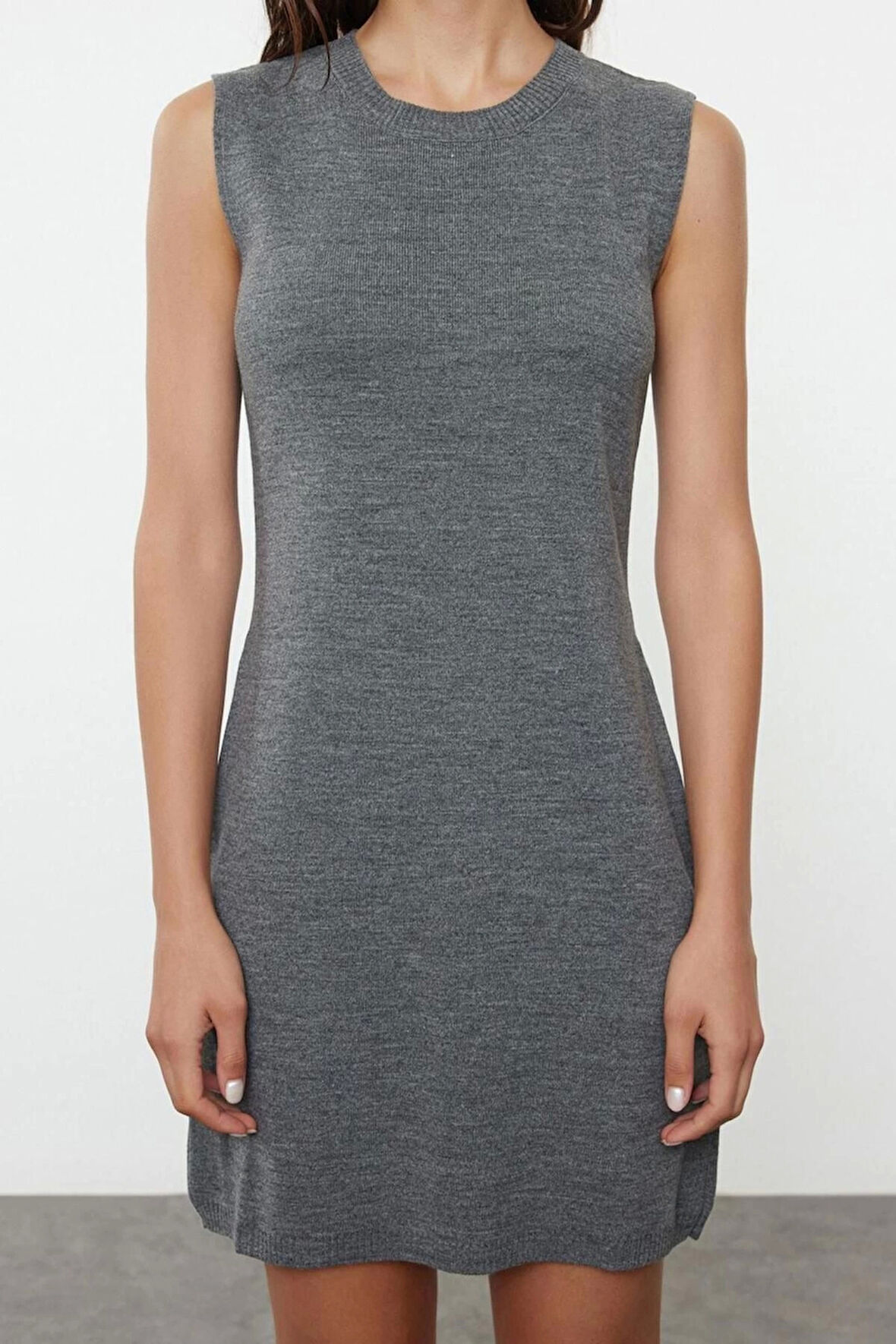 Kadın Moda Şık Mini Boy Bisiklet Yaka Regular Triko Elbise-Hırka